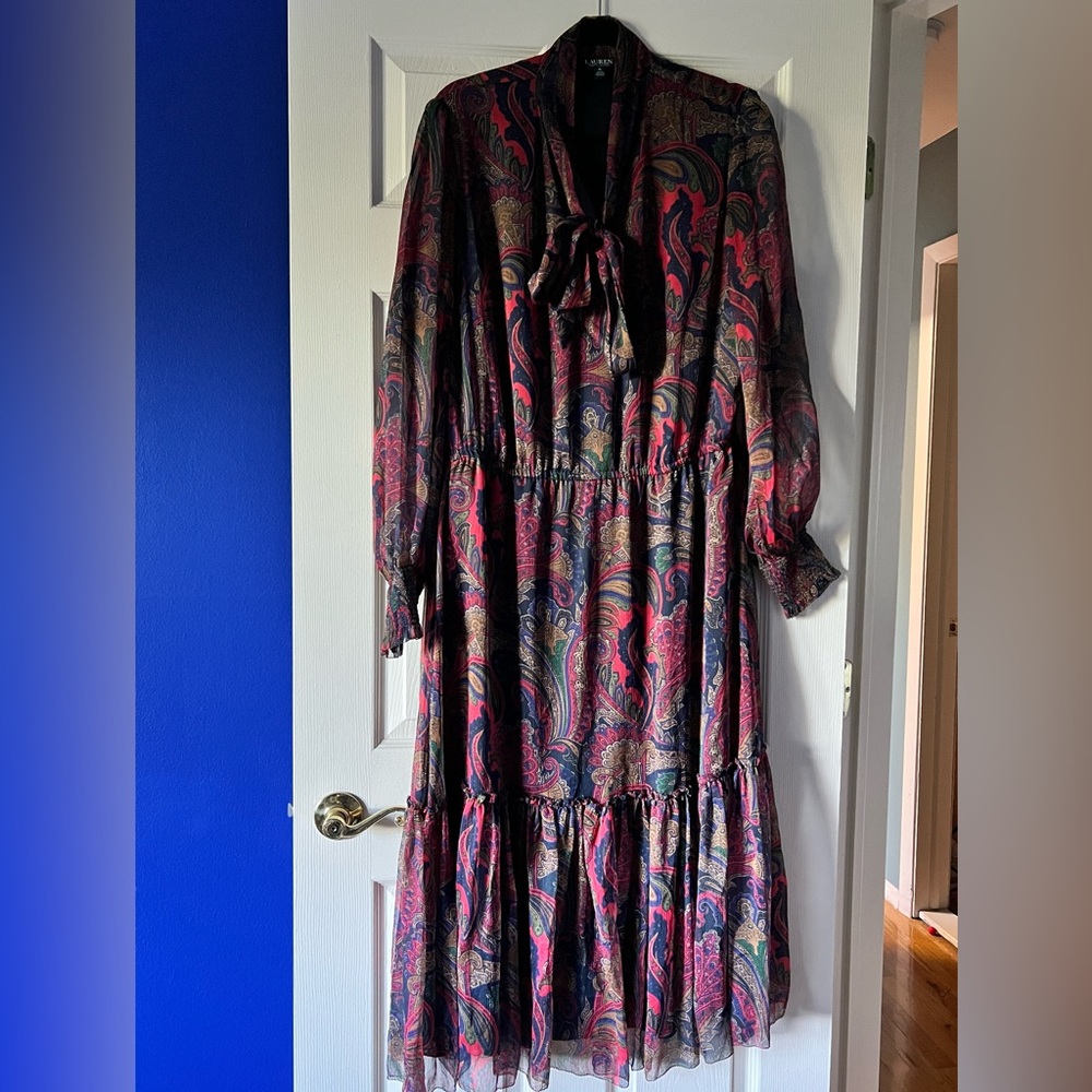 Lauren Ralph Lauren Blue and Red Paisley Long Sleeve Midi Dress - 16
